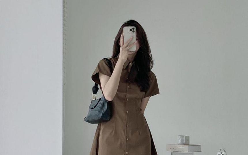 Short-Sleeve Plain Button-Up Mini A-Line Shirt Dress product image