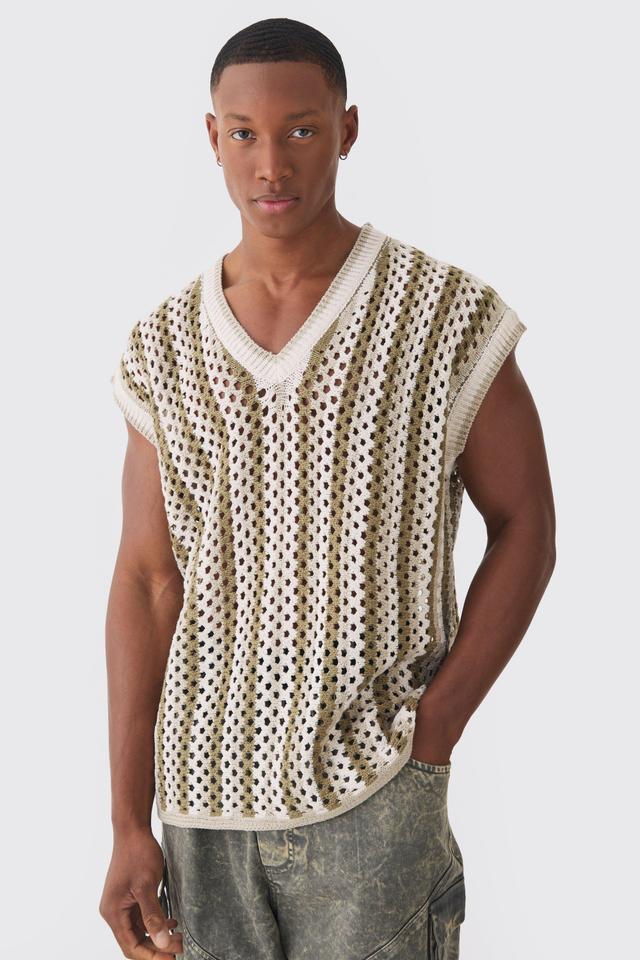 Oversized Open Stitch V Neck Stripe Knitted Tank | boohooMAN USA Product Image