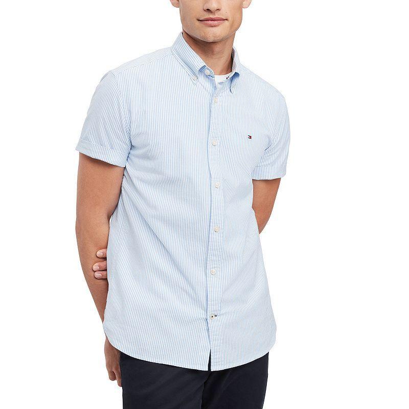 Mens Tommy Hilfiger Stretch Short Sleeve Oxford Button-Down Shirt Blue Product Image