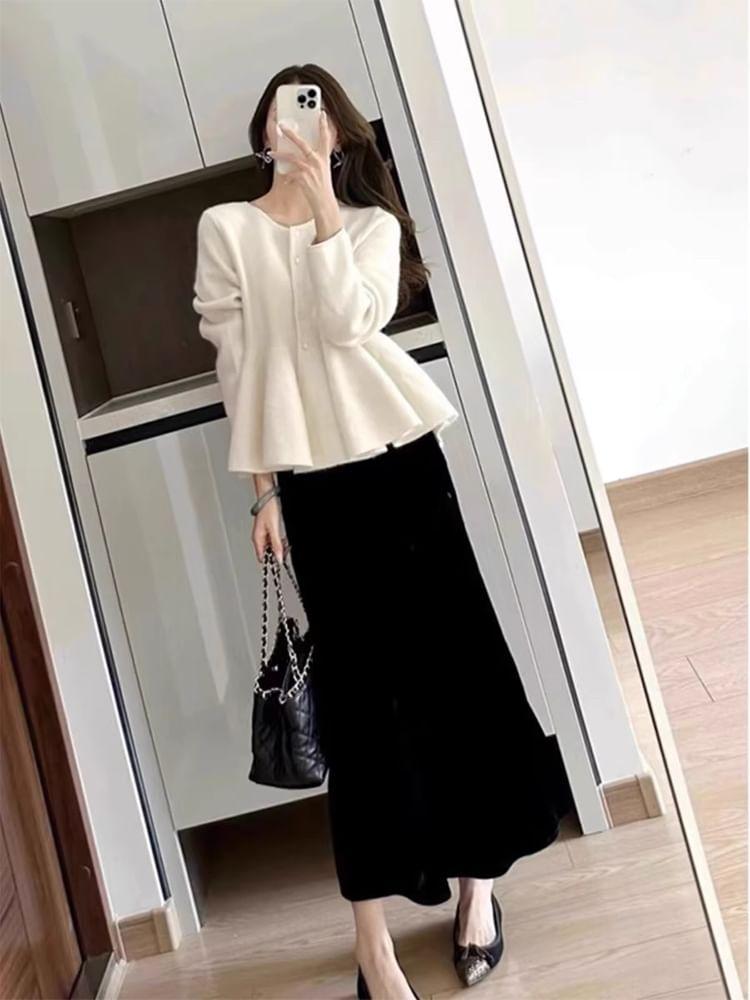 Round Neck Plain Peplum Cardigan / High Rise Plain Knit Maxi A-Line Skirt / Set Product Image