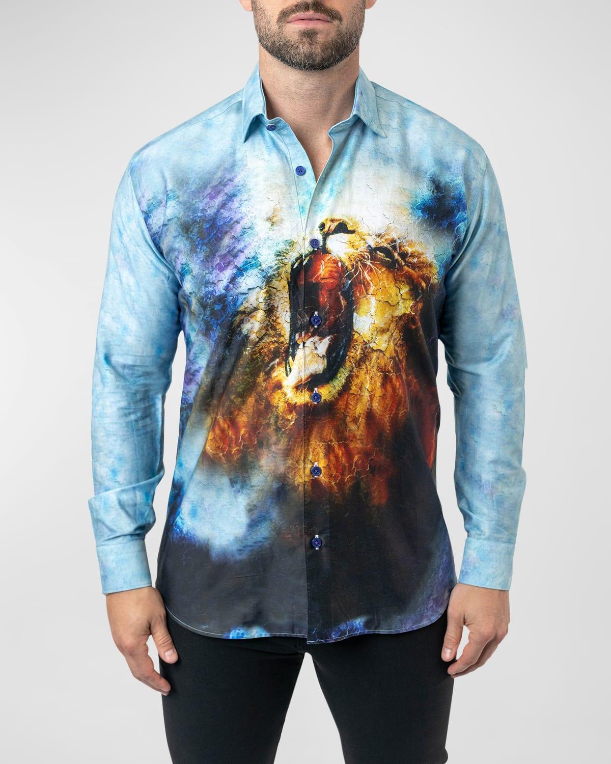 Maceoo Fibonacci Lionmozaic 06 Blue Contemporary Fit Button-Up Shirt Product Image