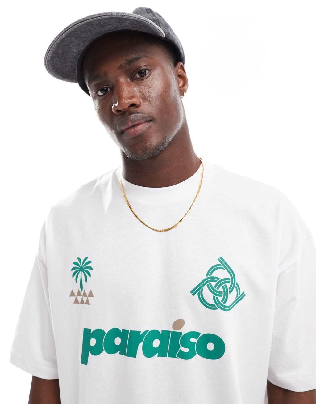 ASOS DESIGN oversized t-shirt with paraiso front print in white Product Image