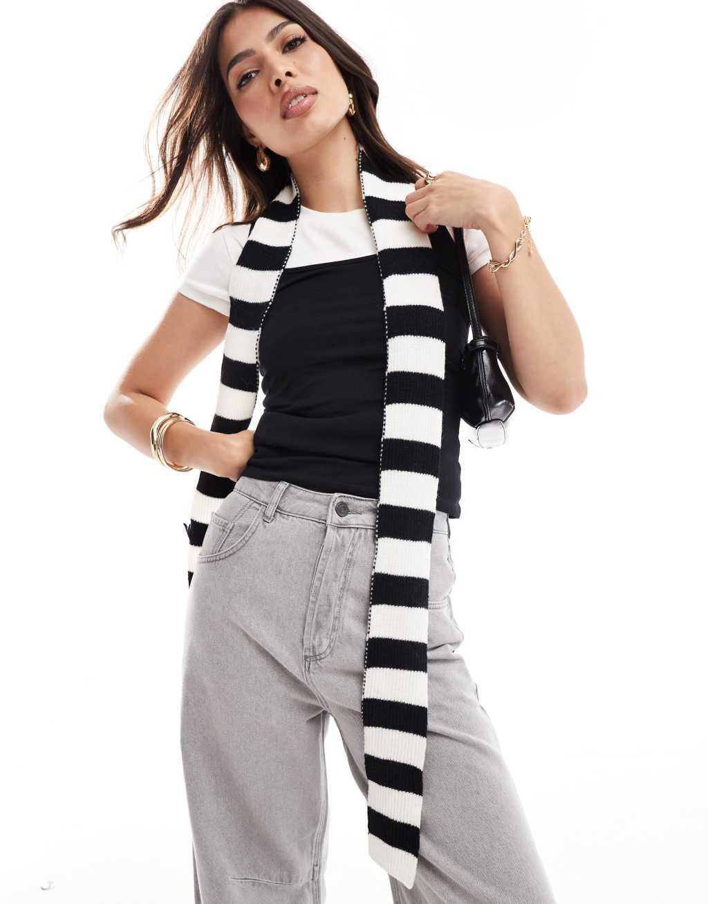 Glamorous knitted skinny scarf in black and white stripe Product Image