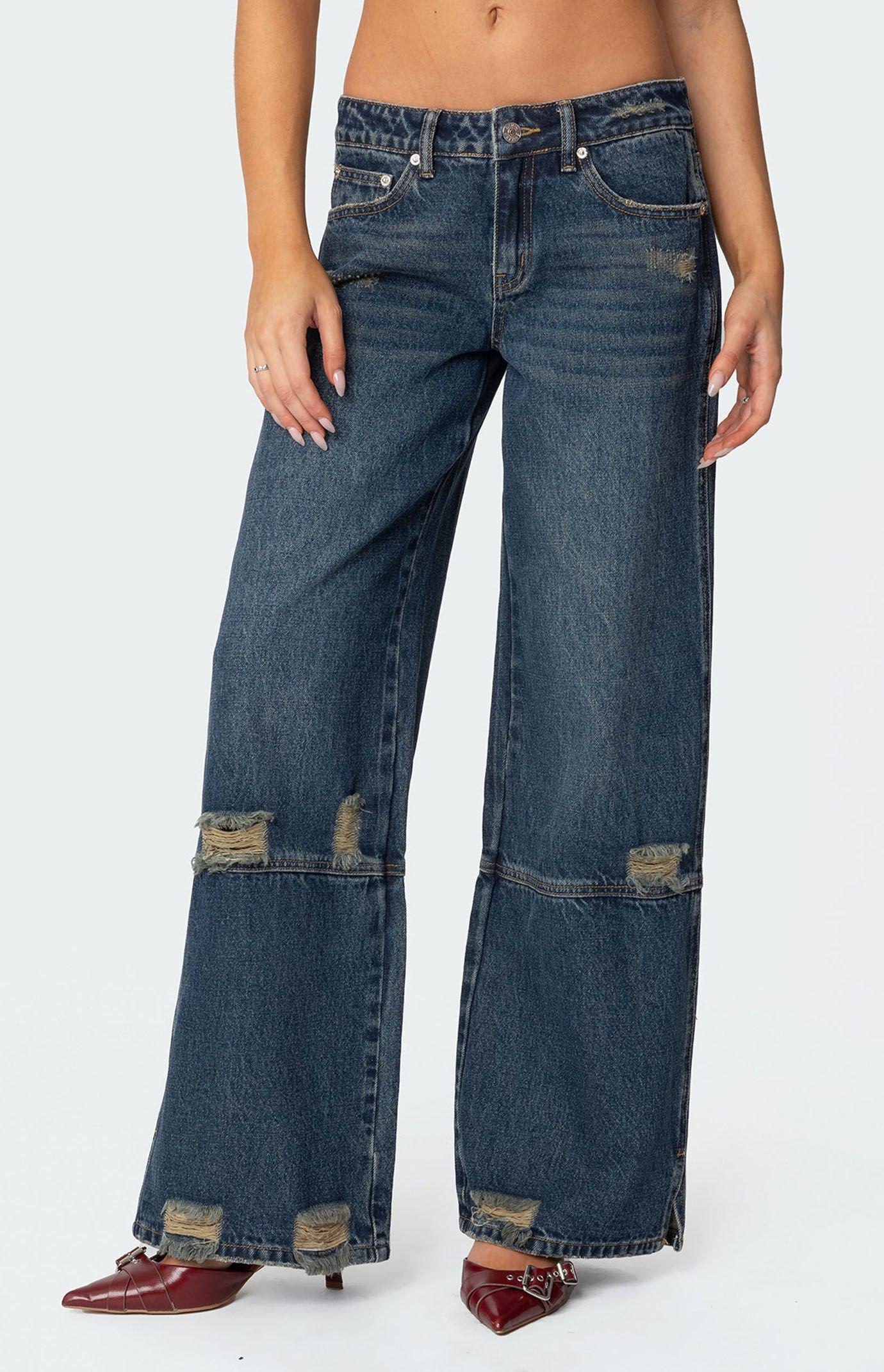 Edikted Women's Slitted Distressed Low Rise Jeans Product Image