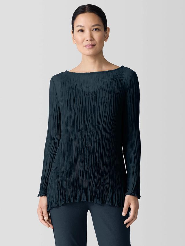 EILEEN FISHER Crinkled Sheer Silk Georgette Bateau Neck Long Topfemale Product Image