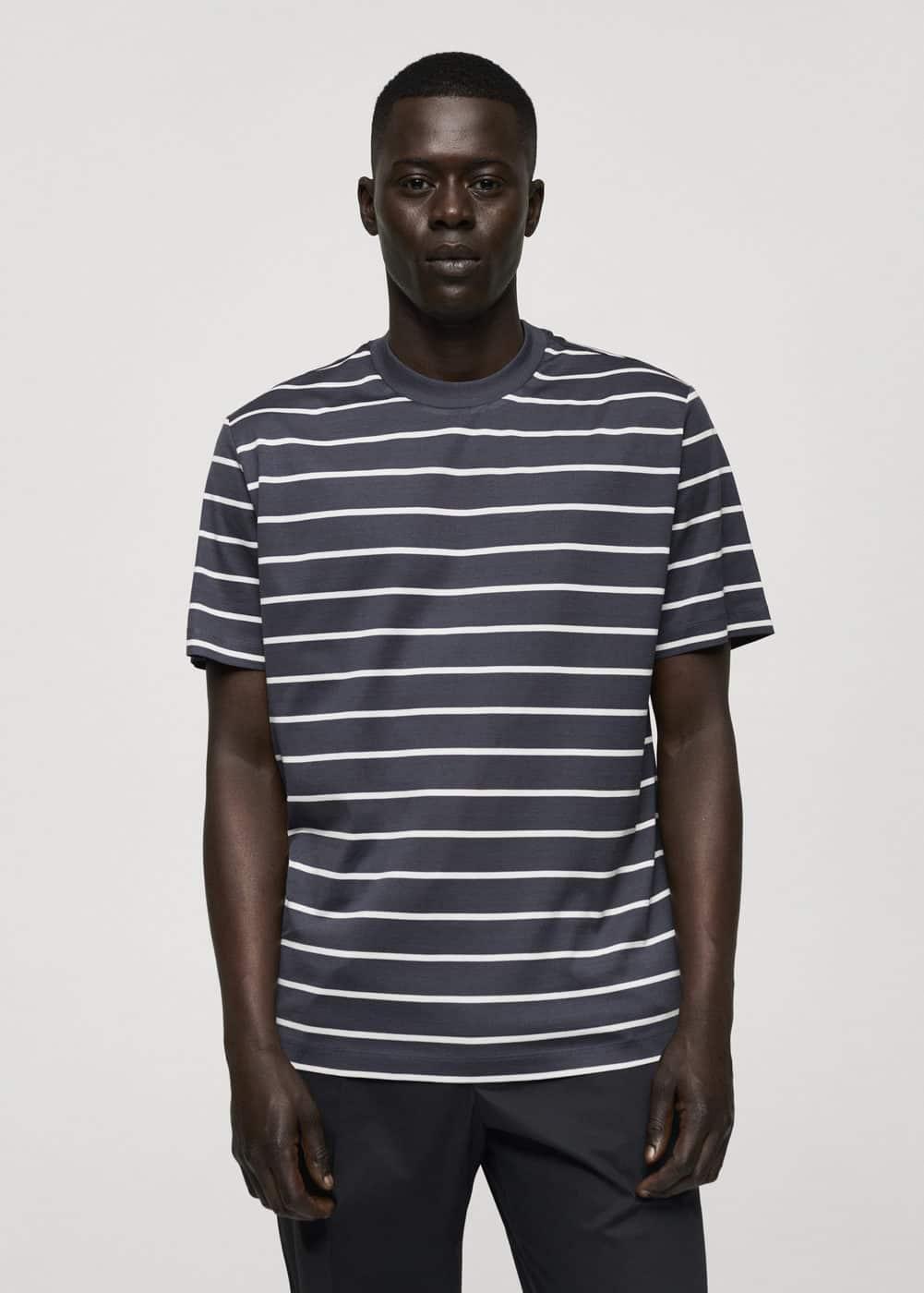 MANGO MAN - Striped cotton T-shirt dark navyMen Product Image