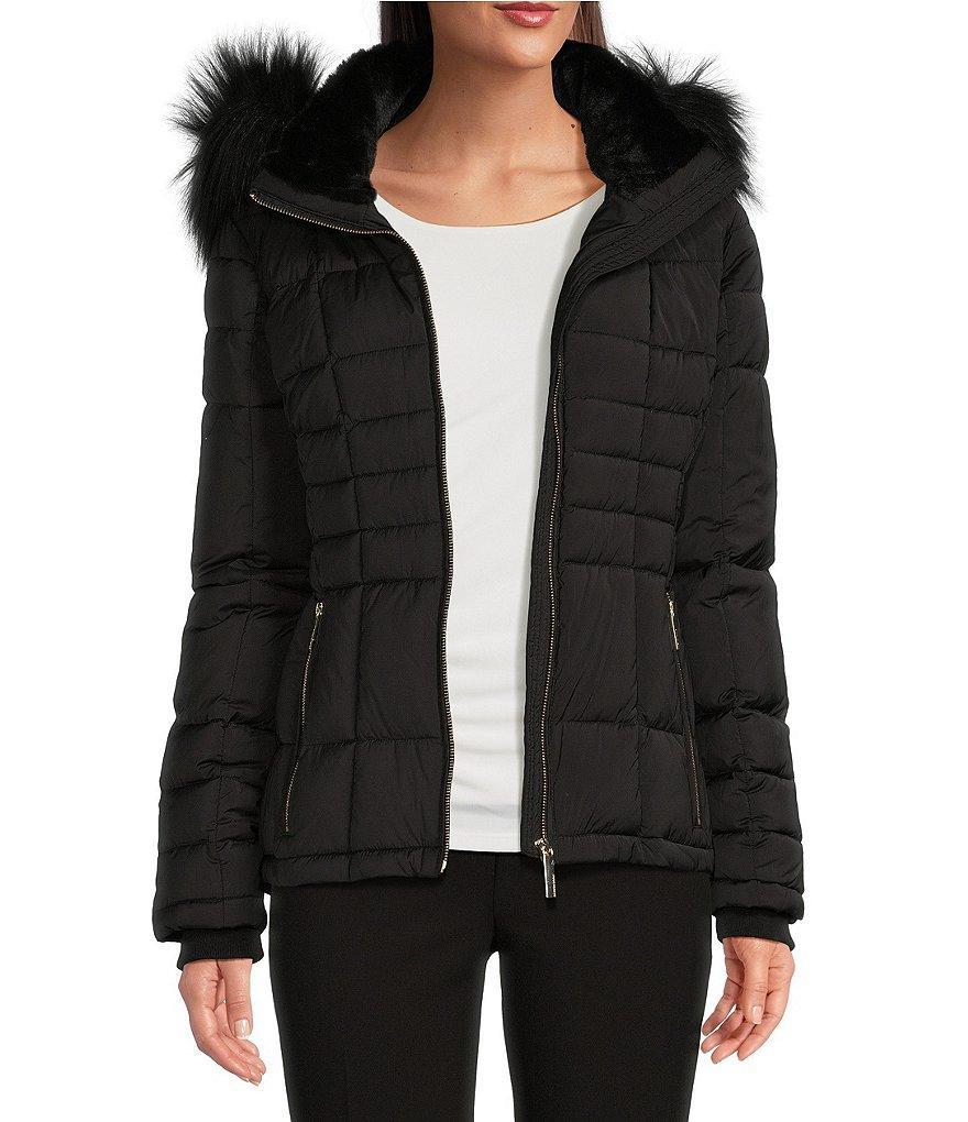 Donna Karan Quilted Faux Fur Hooded Long Sleeve Water Resistant Puffer Coat Product Image