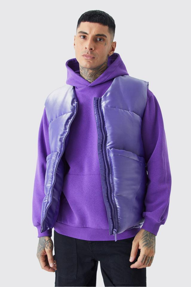 Mens Purple Tall Liquid Metallic Nylon Padded Gilet, Purple Product Image