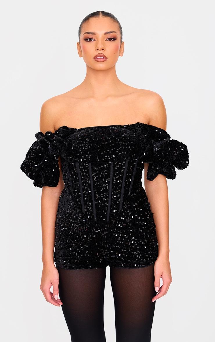 Black Velvet Sequin Puff Sleeve Romper Product Image