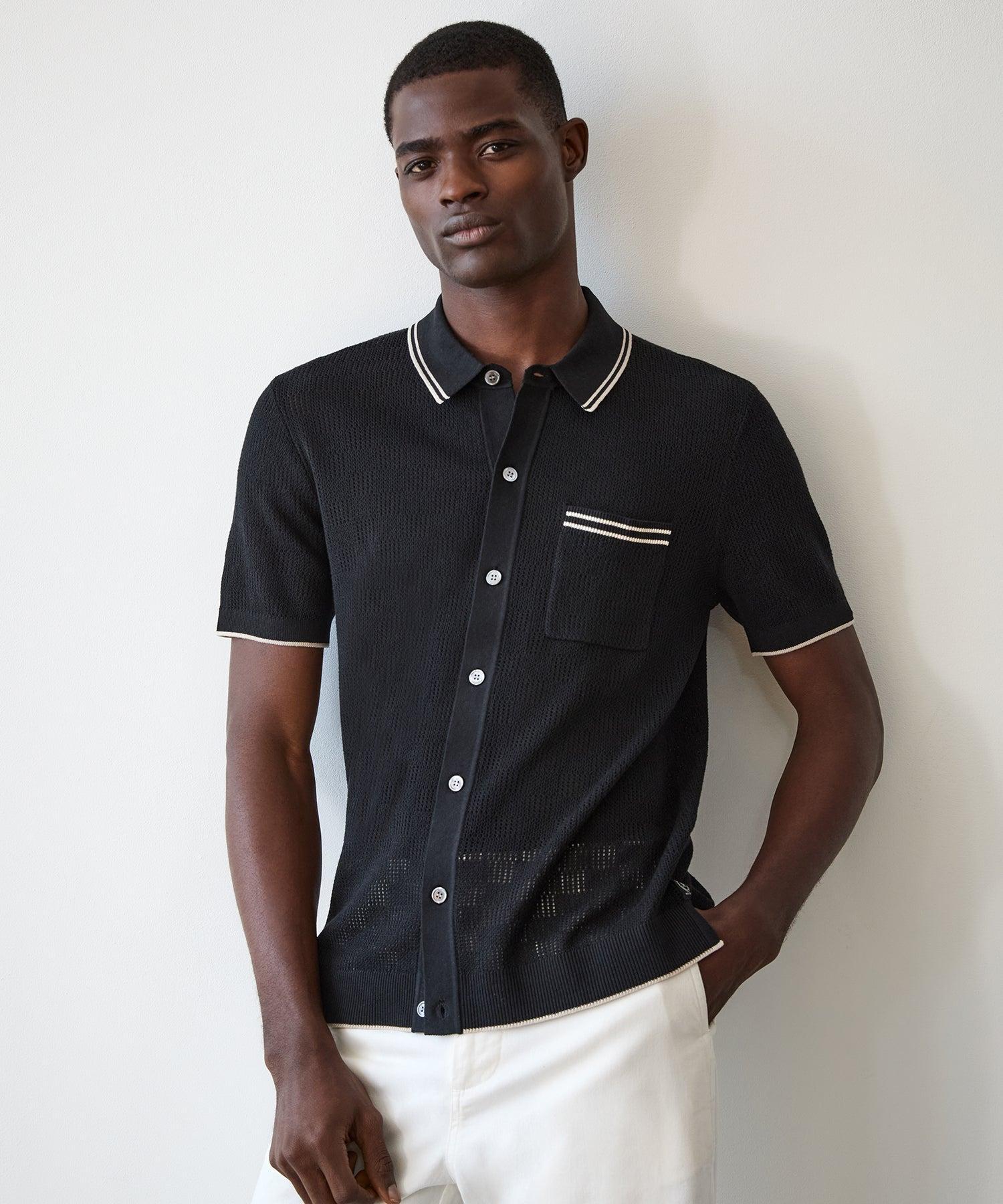 Open-Stitch Full-Placket Polo in Black Product Image