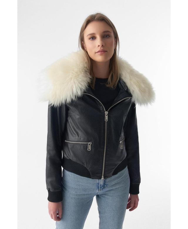 Furniq Uk Womens Detachable Natural Shearling Collar Bomber Jacket, Natural Grain Black Product Image