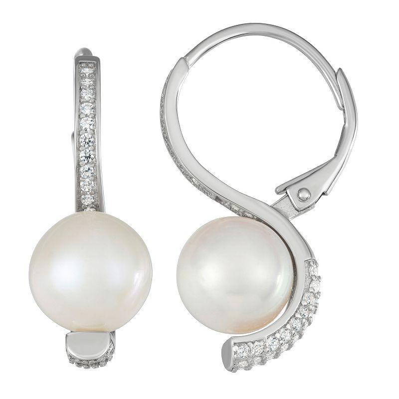 Sterling Silver Freshwater Cultured Pearl Cubic Zirconia Leverback Earrings, Womens Product Image