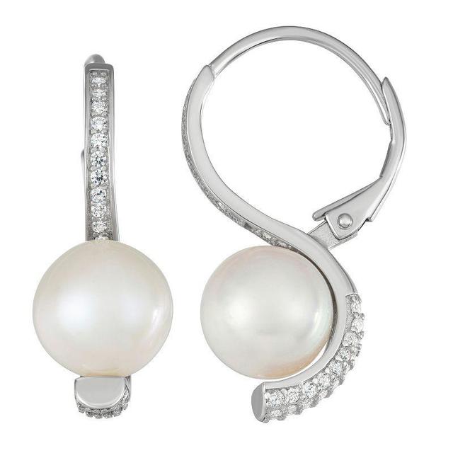 Sterling Silver Freshwater Cultured Pearl Cubic Zirconia Leverback Earrings, Womens, White Product Image