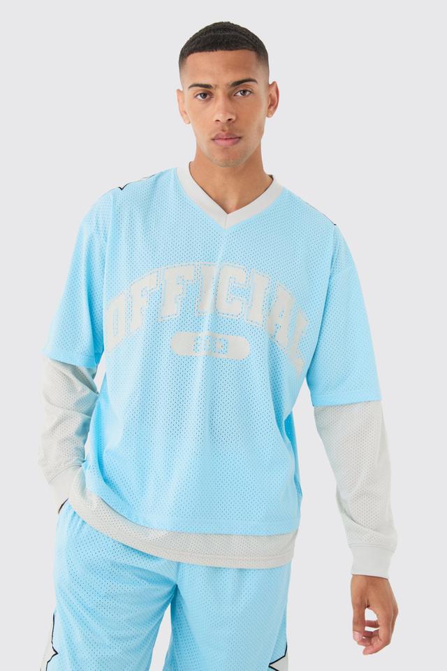 Mens Blue Oversized Boxy Official Layered Mesh Top, Blue Product Image