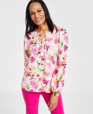 I.n.c. International Concepts Womens Printed Lace-Up Blouse, Created for Macys Product Image