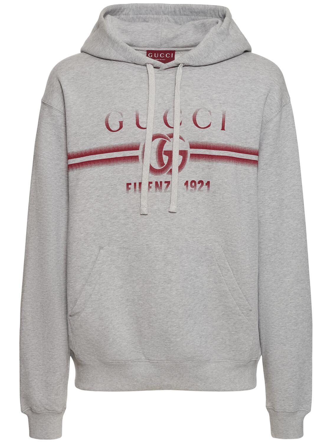 GUCCI Logo Cotton Jersey Hoodie In Grey Product Image