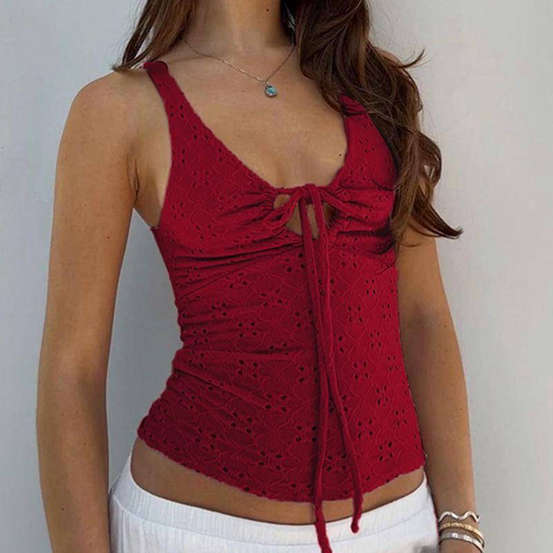 V-Neck Plain Pointelle Tie-Front Slim-Fit Tank Top Product Image