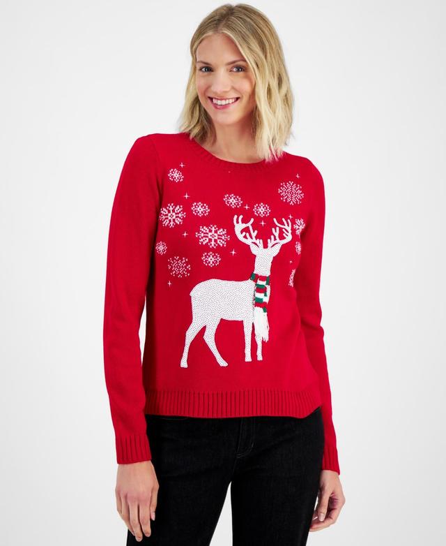 Holiday Lane Womens Sequined Reindeer Crewneck Sweater, Created for Macys Product Image