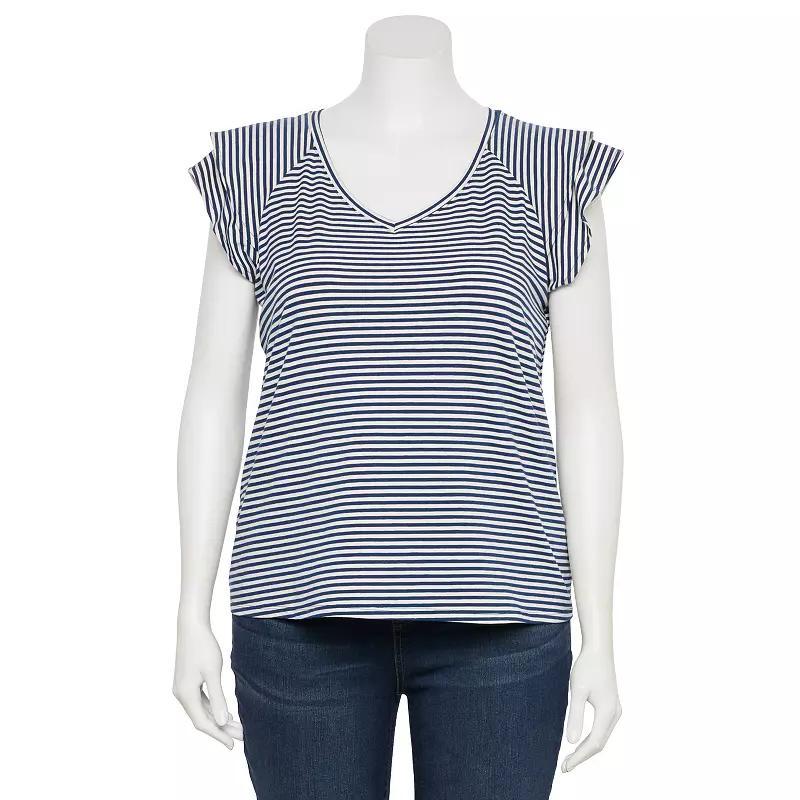 Plus Size LC Lauren Conrad Flutter Sleeve V-Neck T-Shirt, Womens Blue Raleigh Stripe Product Image