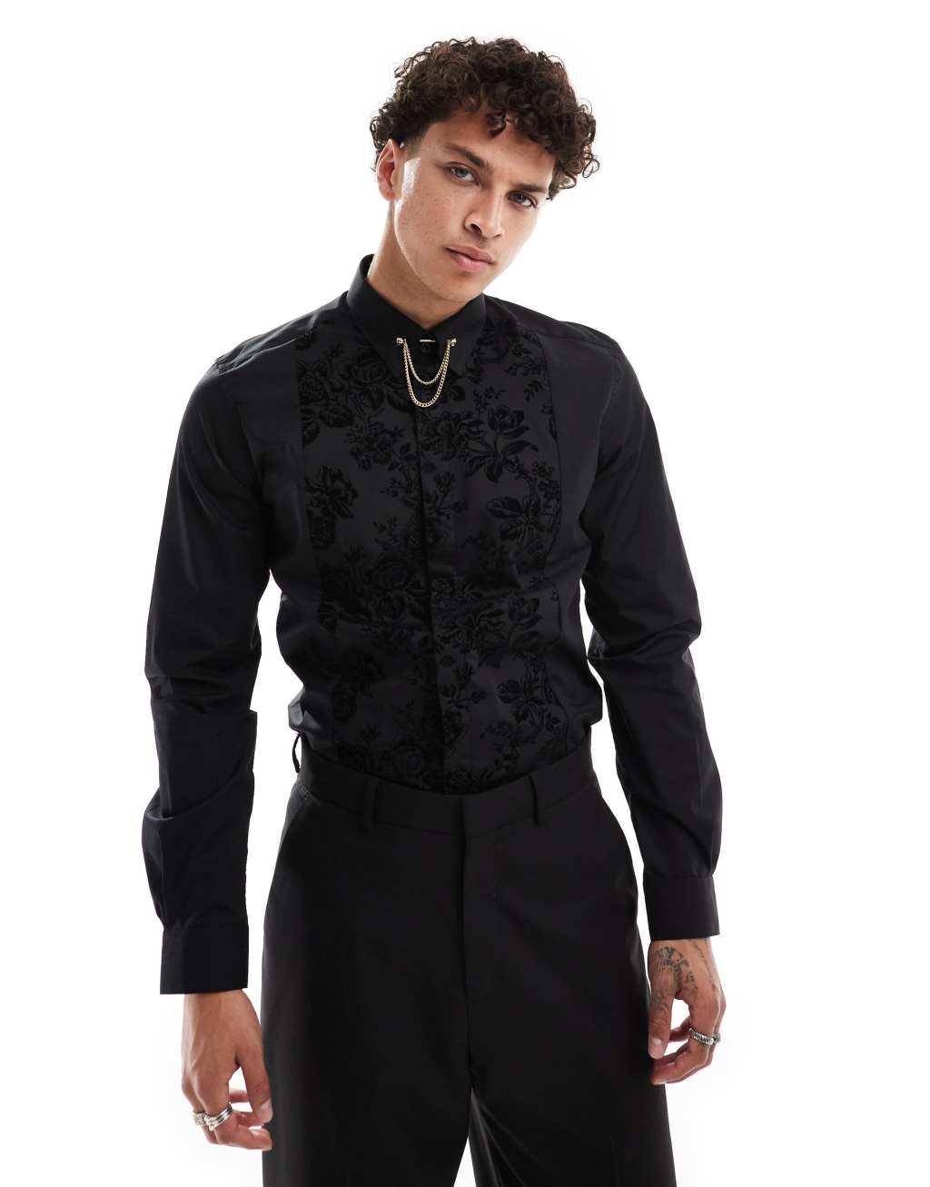 Twisted Tailor long sleeve shirt with front panel detail in black   Product Image