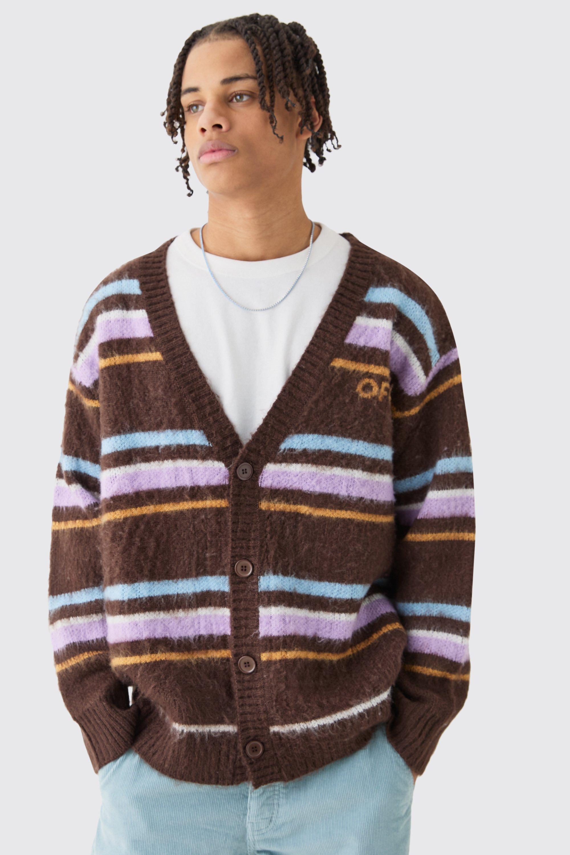 Boxy Fluffy Striped Knitted Cardigan In Chocolate | boohooMAN USA Product Image