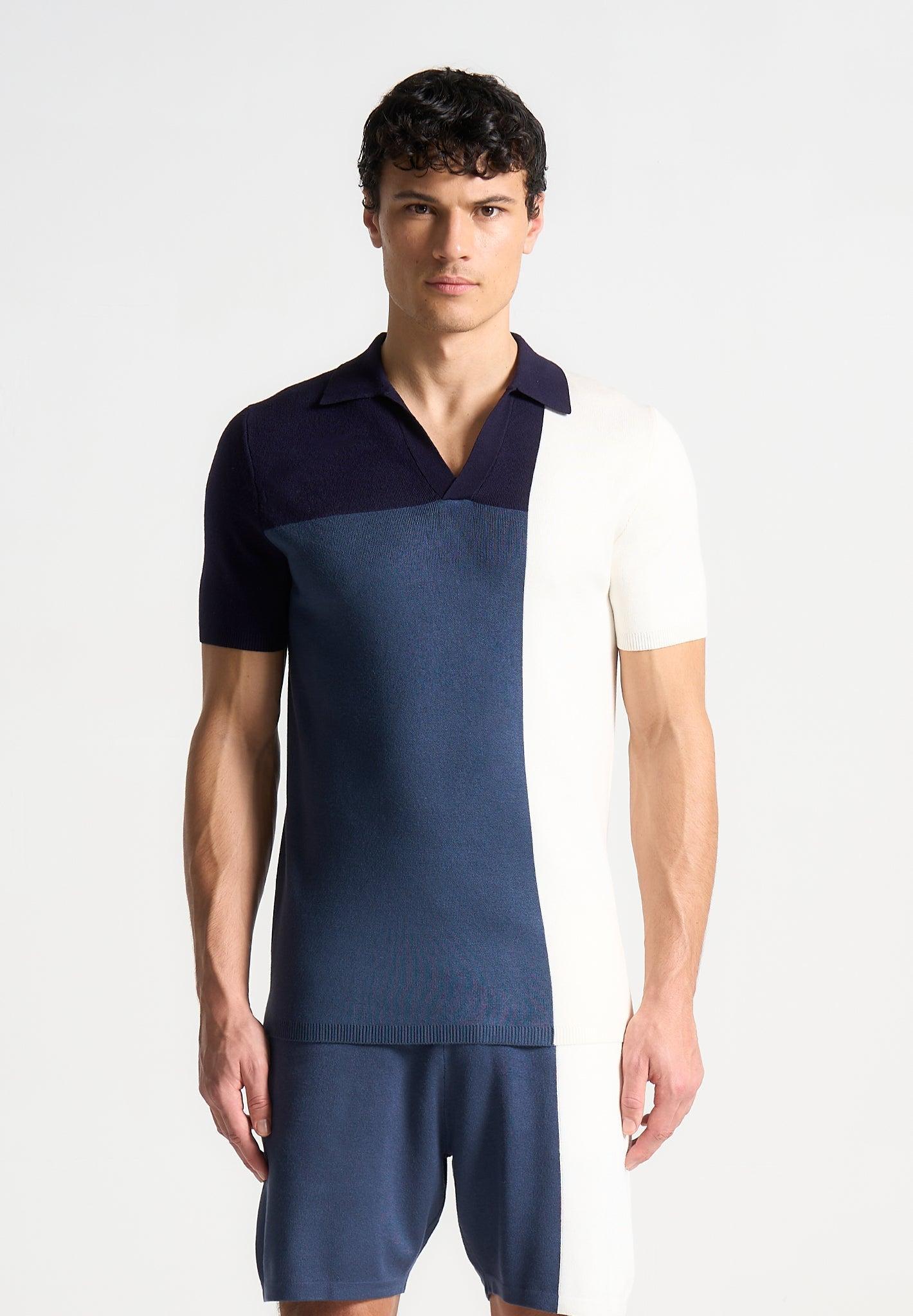 Colour Block Knit Revere Polo Top - Navy/Steel Blue Male Product Image