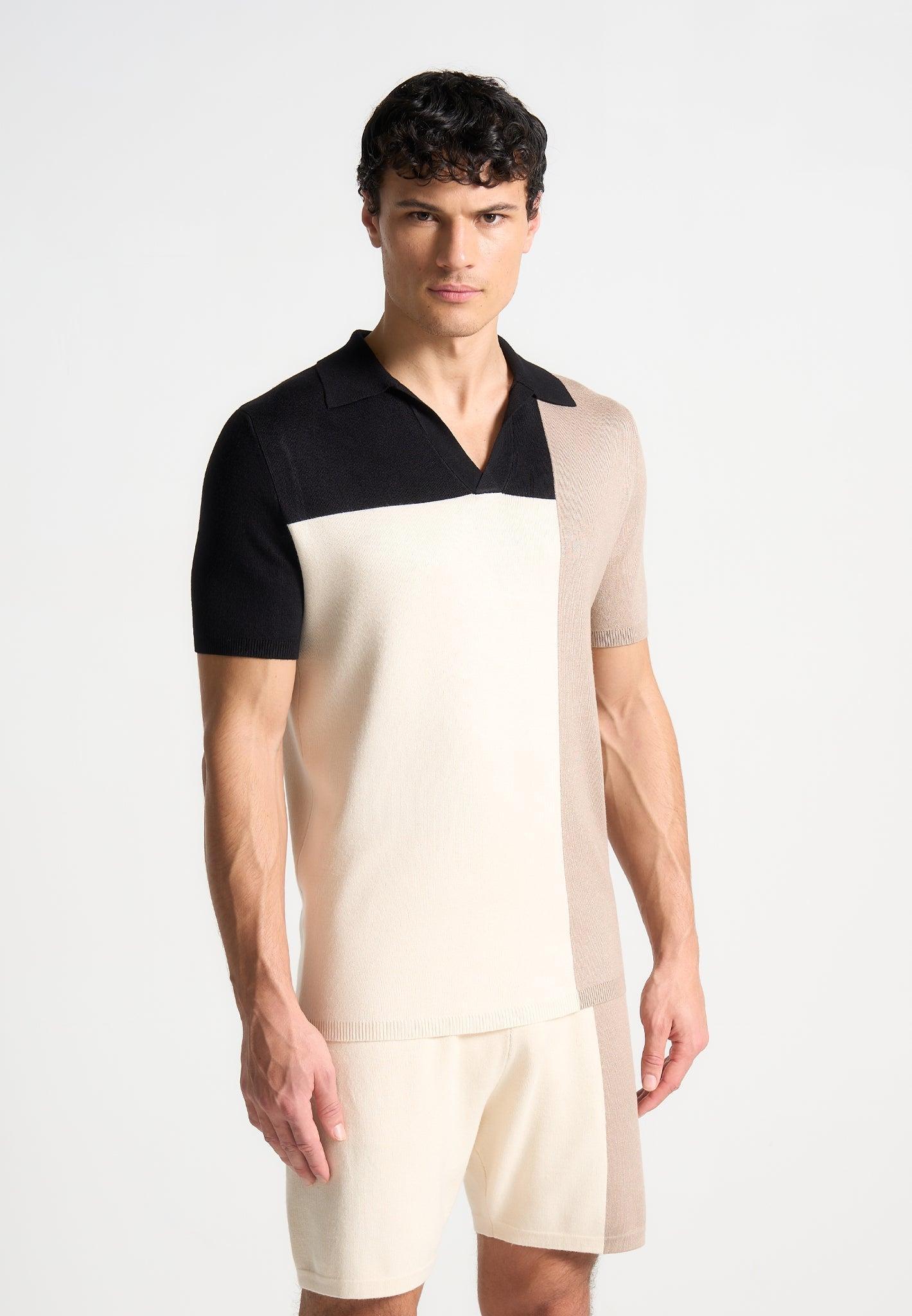 Colour Block Knit Revere Polo Top - Black/Beige Male Product Image