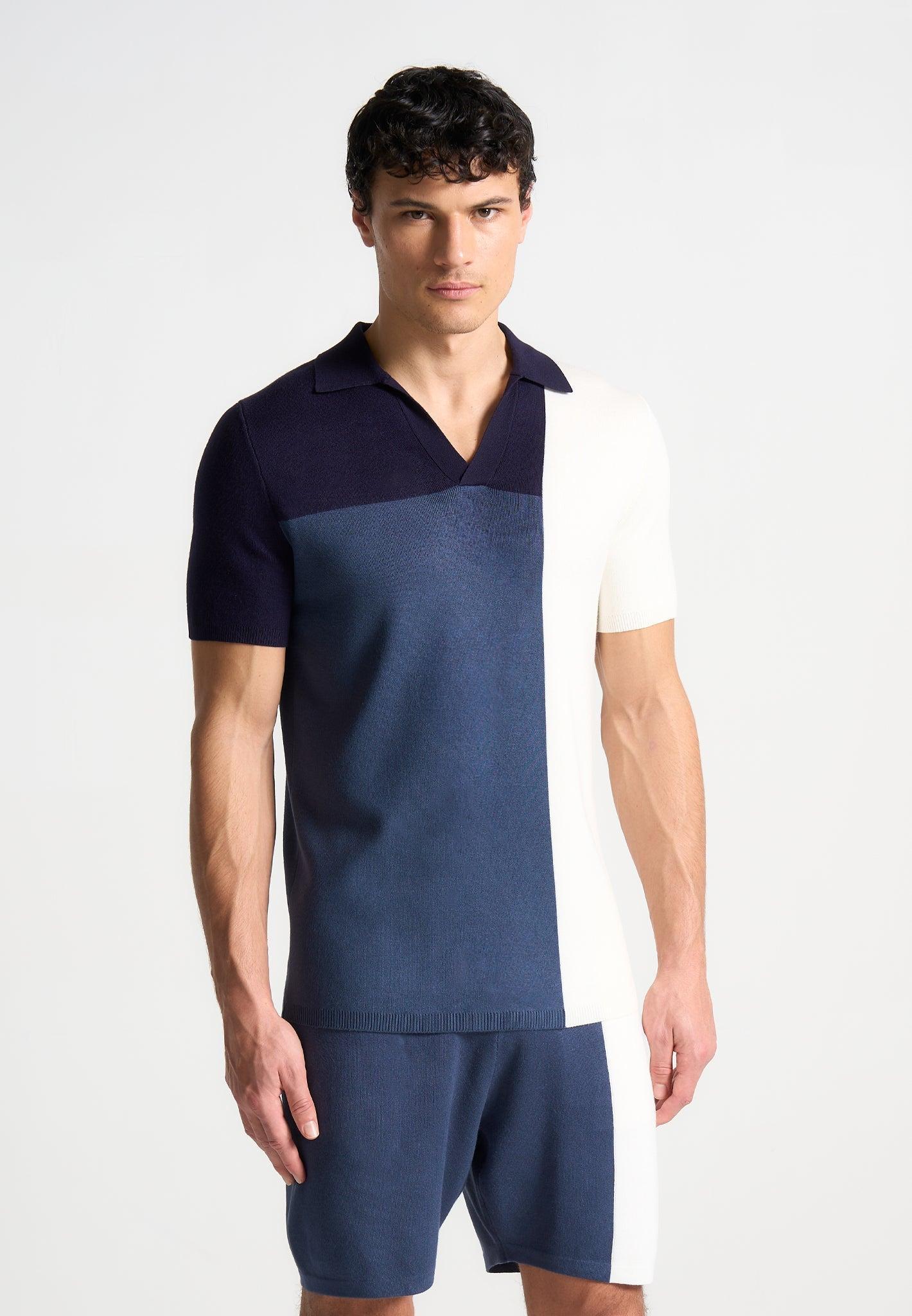 Colour Block Knit Revere Polo Top - Navy/Steel Blue Male Product Image