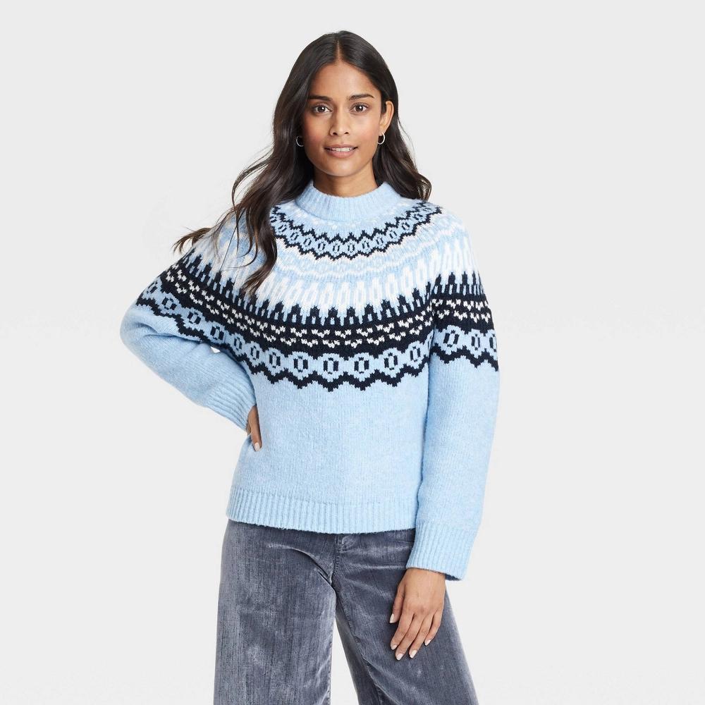 Women's Crewneck Pullover Sweater - Universal Thread™ Blue Fairisle XL Product Image