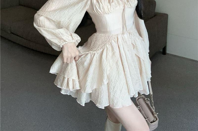 Long Sleeve Square Neck Plain Ruffle Hem Mini A-Line Dress Product Image