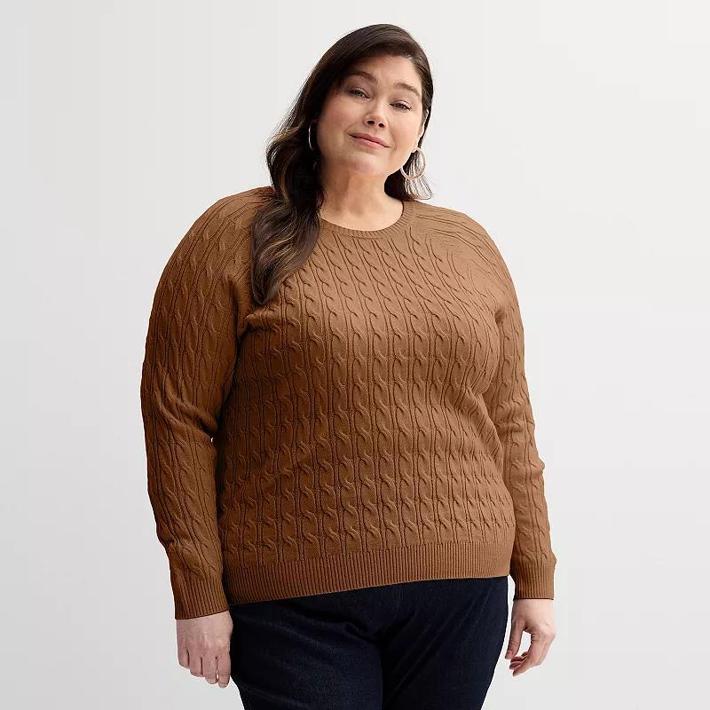 Plus Size Croft & Barrow The Extra Soft Cabled Crew Neck Sweater, Womens Camel Grey Product Image