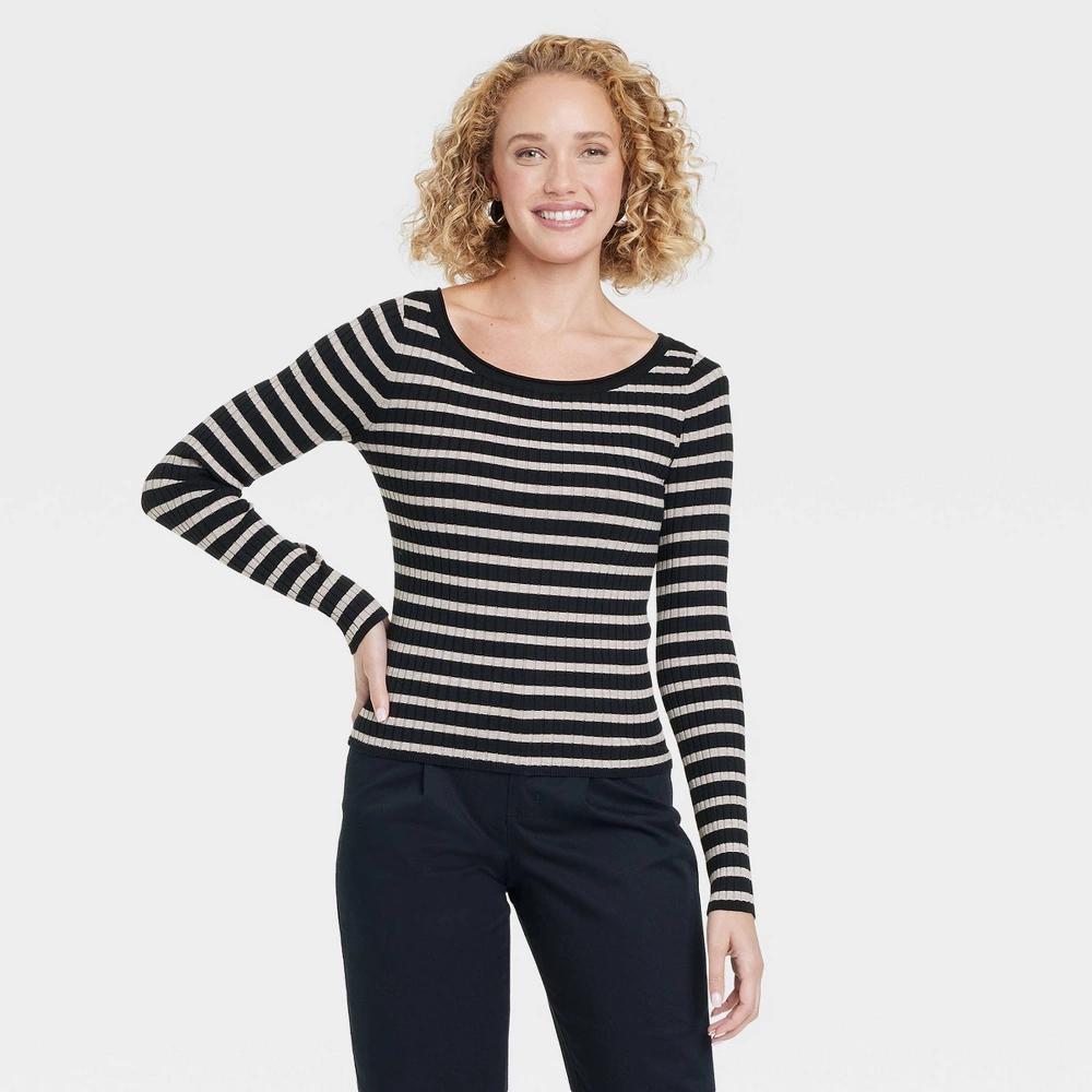 Womens Fine Gauge Ribbed Boat Neck Pullover Sweater - A New Day Black/Taupe Striped M Product Image