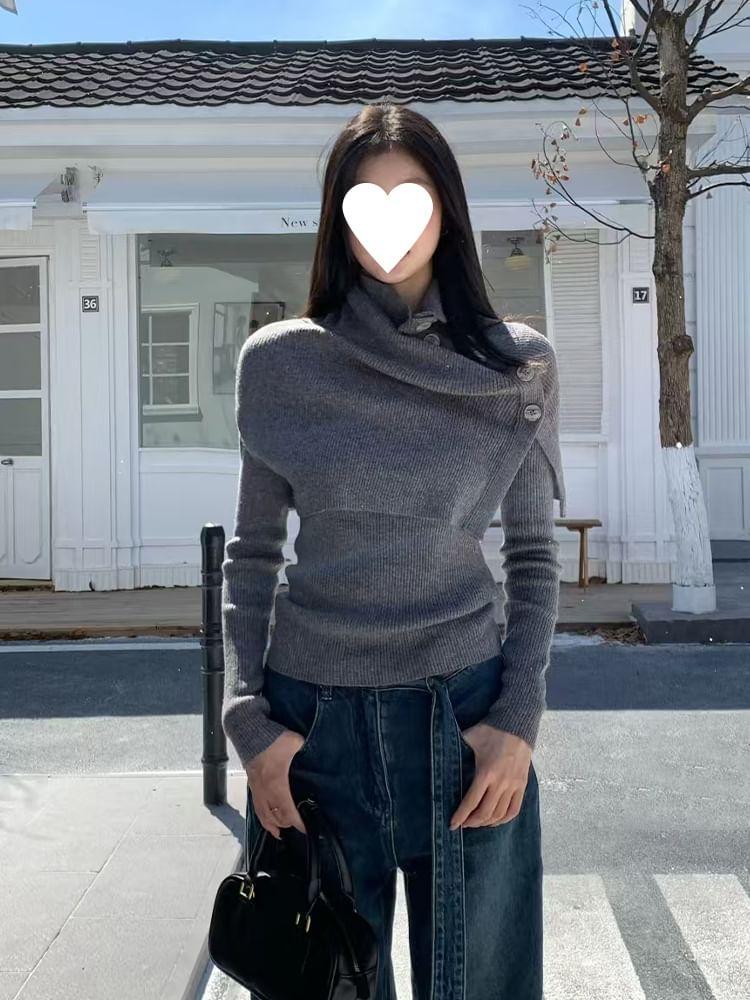 Set: Plain Sweater + Mock Neck Button Capelet Product Image