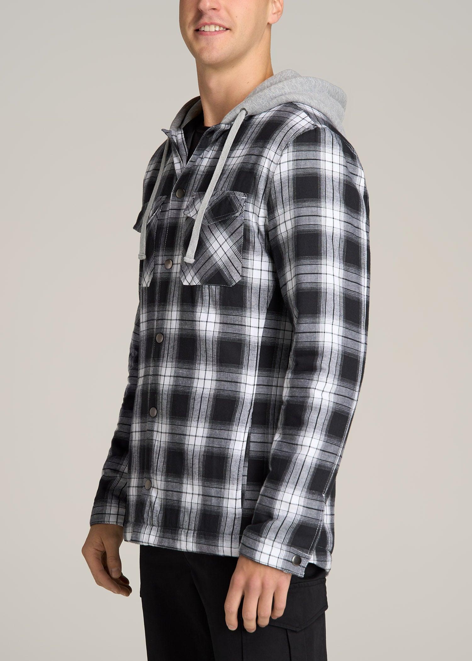 Hooded Flannel Shirt Jacket for Tall Men in Black & White Plaid Male Product Image