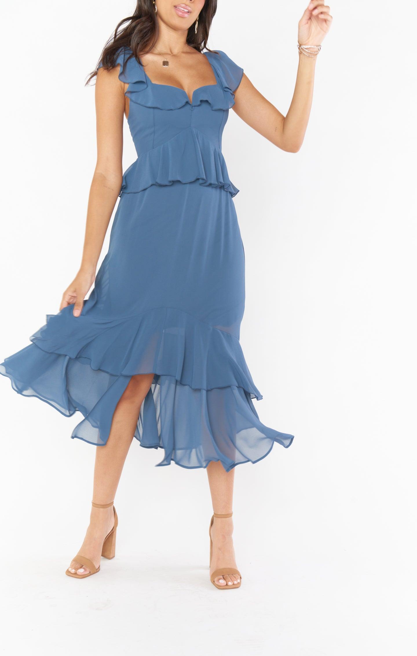 Reese Ruffle Dress ~ Slate Blue Chiffon Product Image