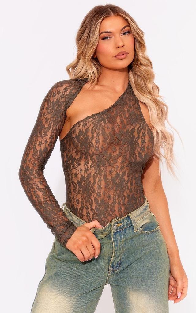 Dark Khaki One Shoulder Lace Bodysuit Product Image