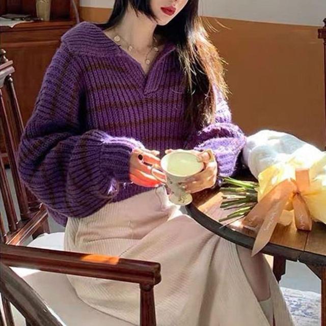 Long Sleeve V-Neck Striped Loose-Fit Polo Sweater Product Image