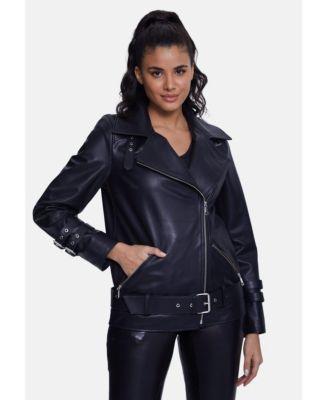 Women's Genuine Leather Belted Biker Jacket,Nappa Black Product Image