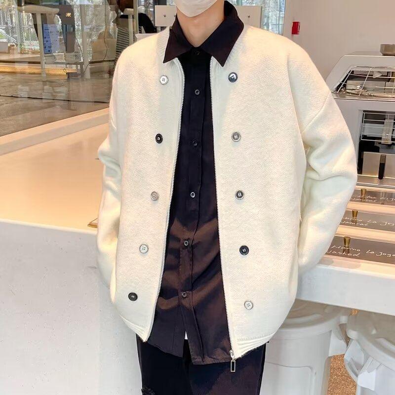 Crew Neck Plain Button Accent Zip-Up Cardigan Product Image