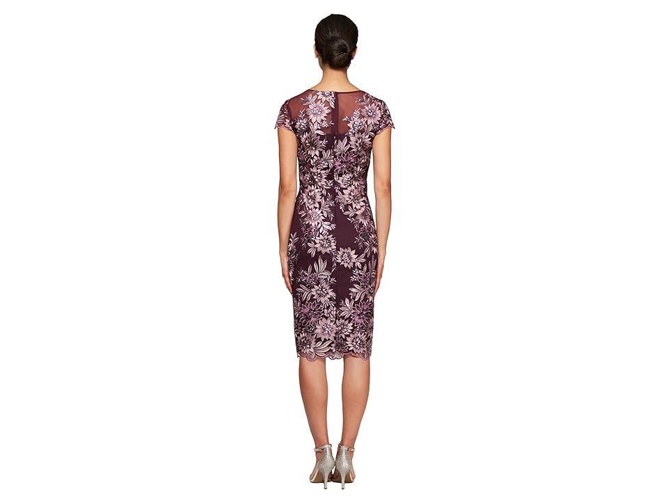 Alex Evenings Midi Length Embroidered Cap Sleeve Dress with Illusion Neckline and Scallop Detail Hem (Plum) Women's Dress Product Image