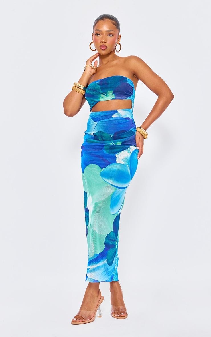 Blue Printed Bandeau Cut Out Maxi Dress Product Image