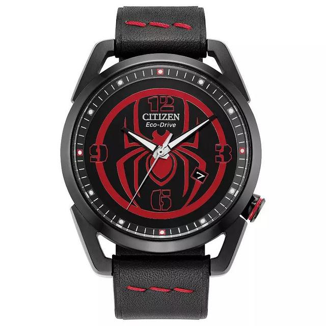 Citizen Mens Eco-Drive Marvel Mile Morales Black IP Stainless Steel Black Leather Strap Watch Product Image