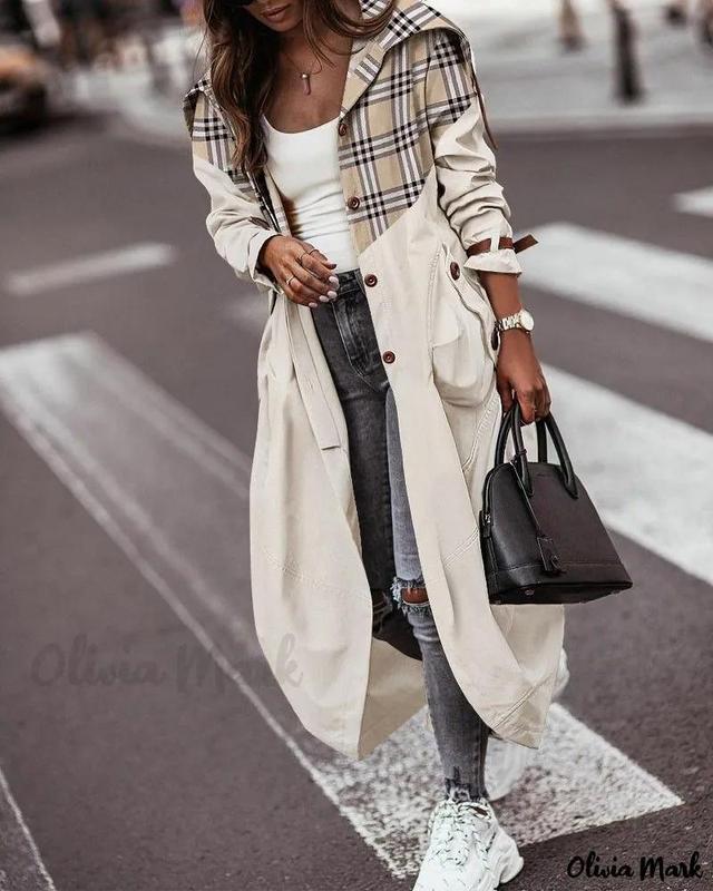 Olivia Mark – Chic Plaid Patterned Button Front Longline Trench Coat Product Image