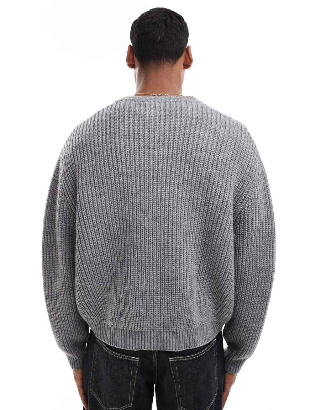 ASOS DESIGN oversized boxy fit heavyweight knitted wool mix crew neck cardigan in light gray heather Product Image