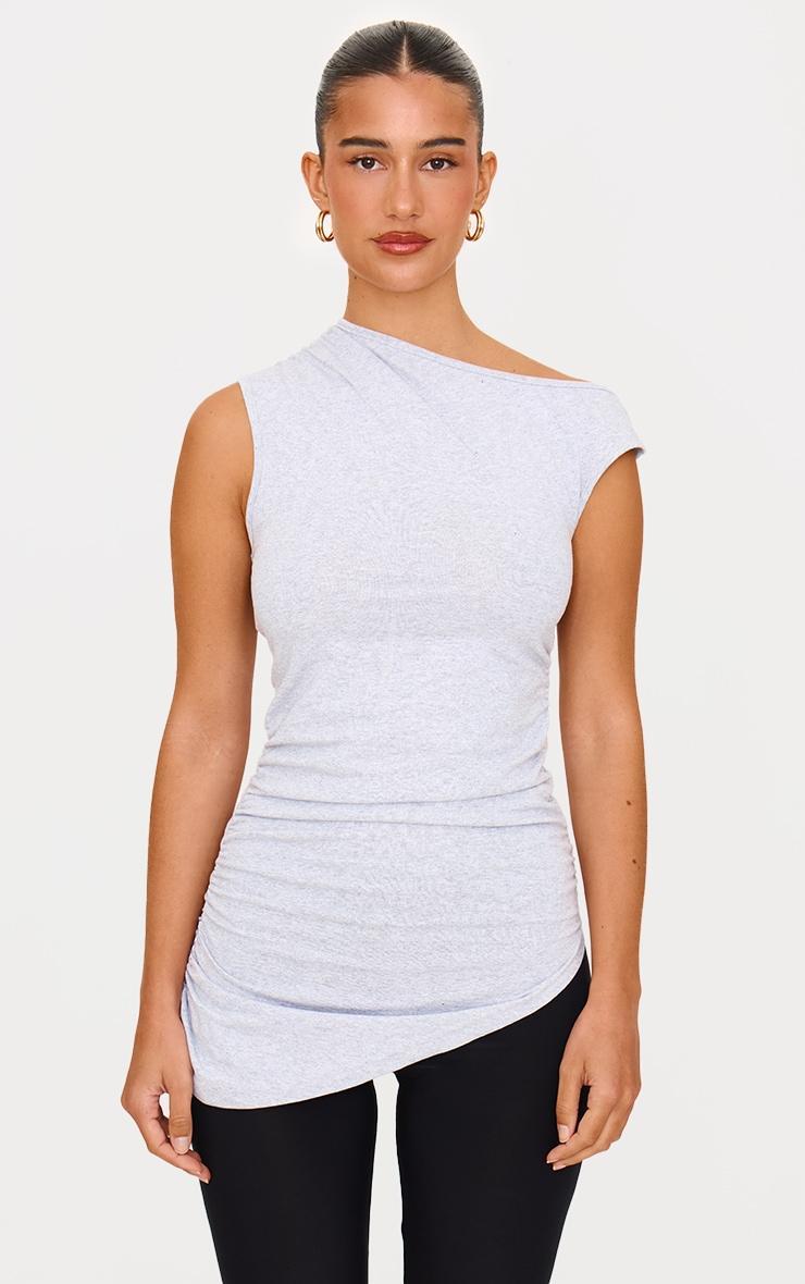 Grey Asymmetric Shoulder Ruched Longline Top Product Image