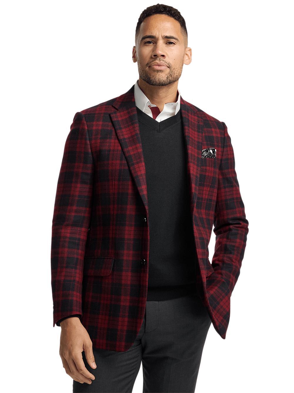 Wool Plaid Single Breasted Notch Lapel Sport Coat - Black/red Product Image