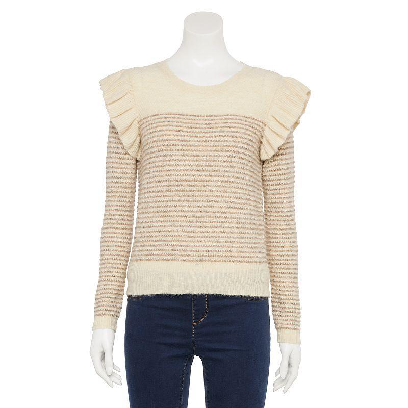 Womens LC Lauren Conrad Ruffle Pullover Sweater Ivory And Brown Product Image