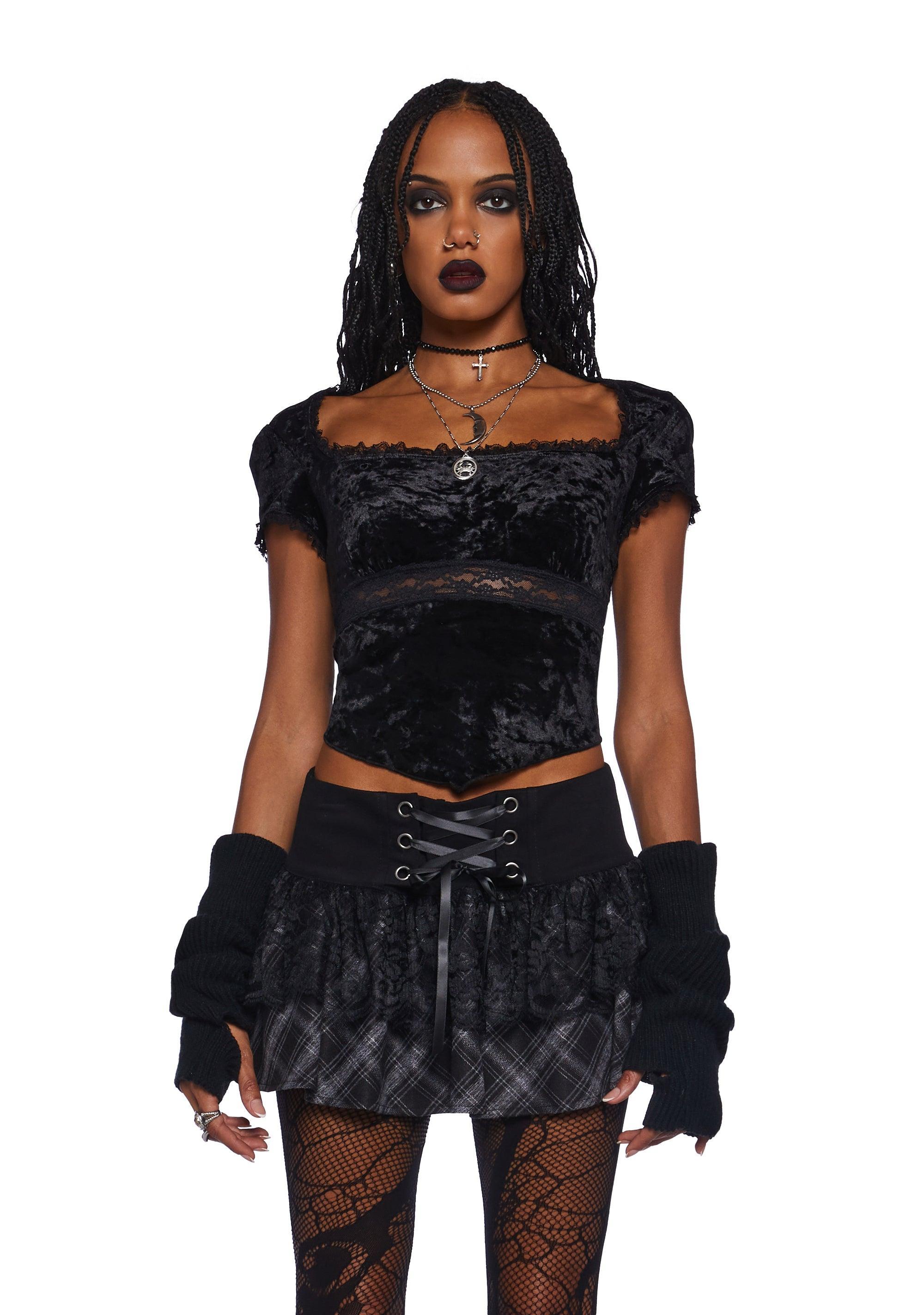 Widow Crushed Velvet Lace Short Sleeve Top Witch - Black product image