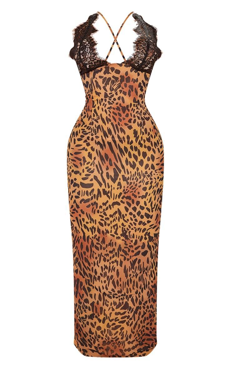 Shape Brown Leopard Printed Woven Lace Cup Detail Maxi Dress Product Image