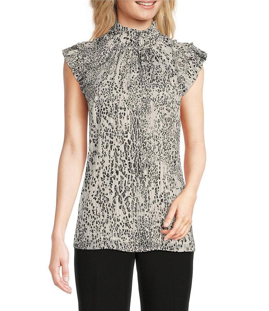 Calvin Klein Petite Size Printed Chiffon Mock Neck Ruffle Cap Sleeve Top product image